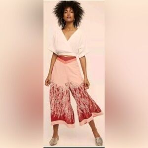 Free People Whimsigoth Feminine Floral Romantic Wide Leg Silky Pants size SM